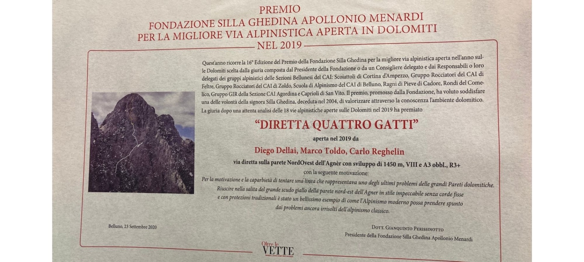 premio per la migliore via alpinistica aperta sulle Dolomiti nel 2019